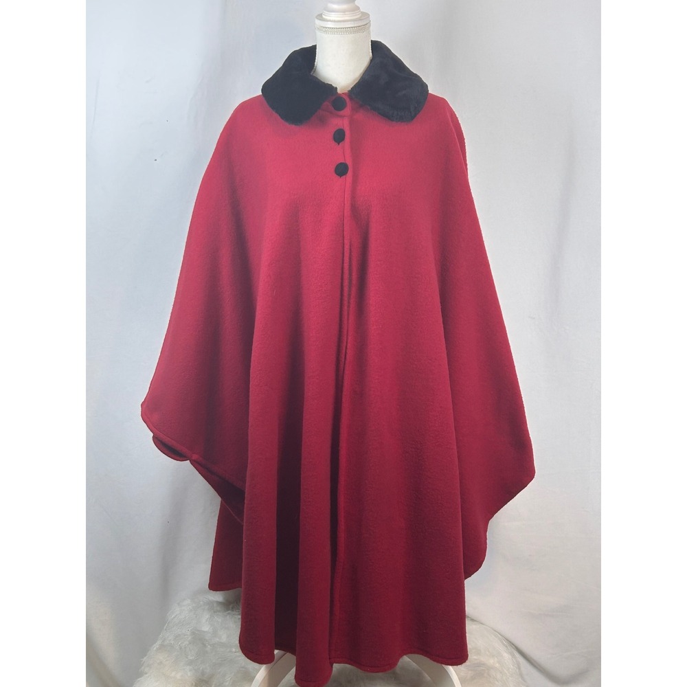 Vintage Amanda Smith Cape Coat Women One Size Red Faux Fur Collar Wool Blend